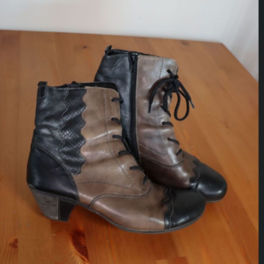 Remonte Vintage Brown Black Lace‑Up Boots Side Zip Small Heel Size 41